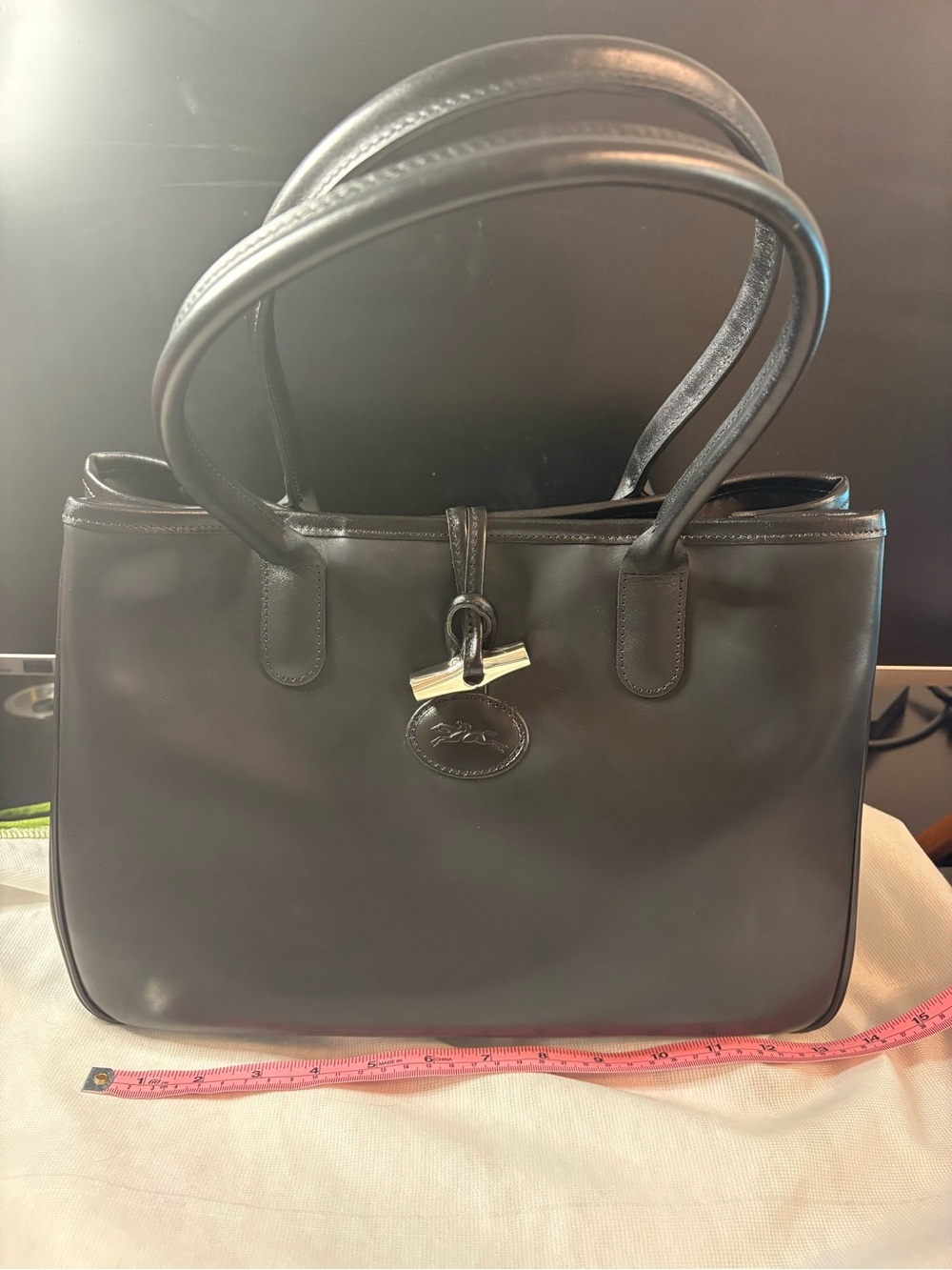 Longchamp Black Leather Tote with Toggle